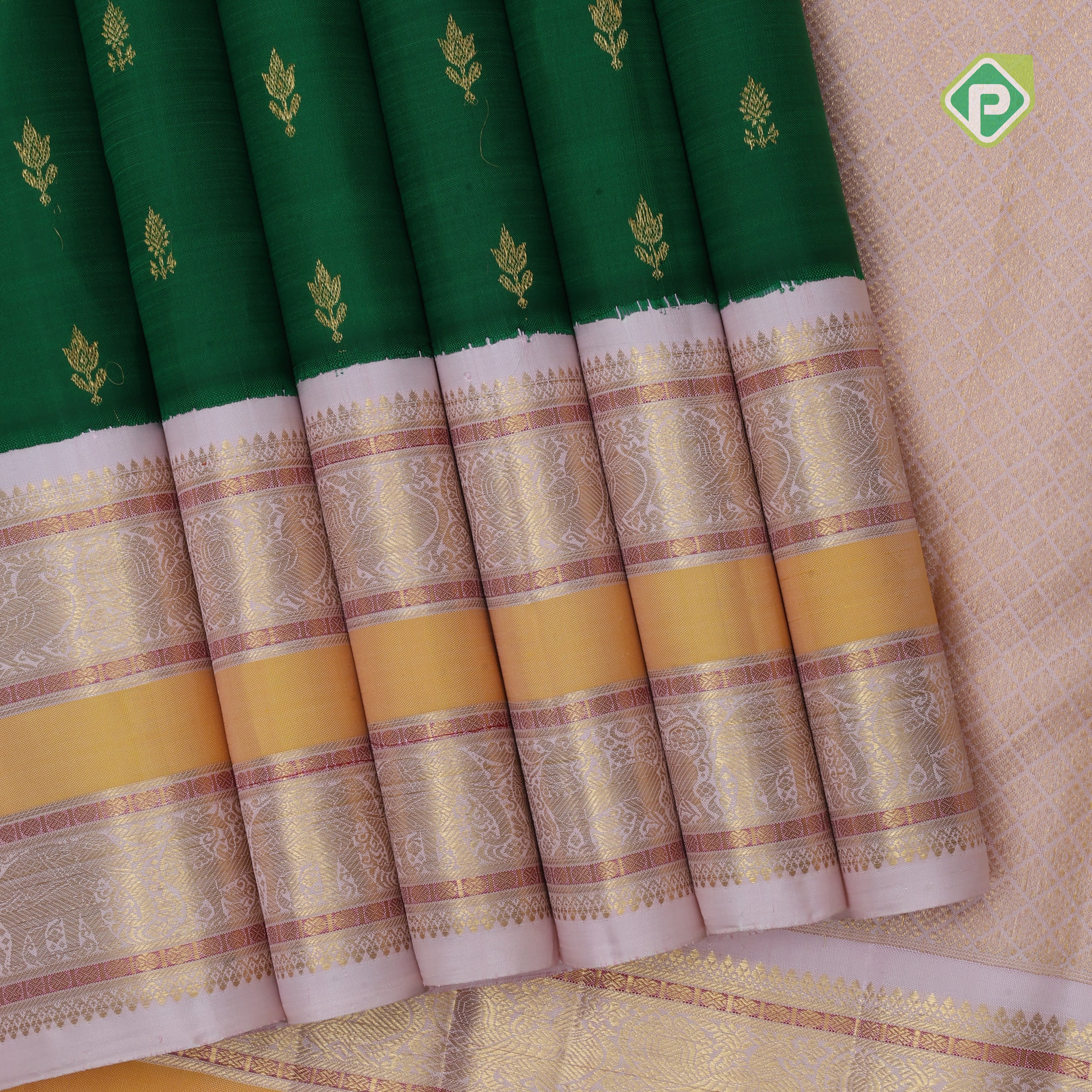 Forest green gold zari fancy flower buds butta contrast soft pink gold zari meena work double border Traditional Silk saree