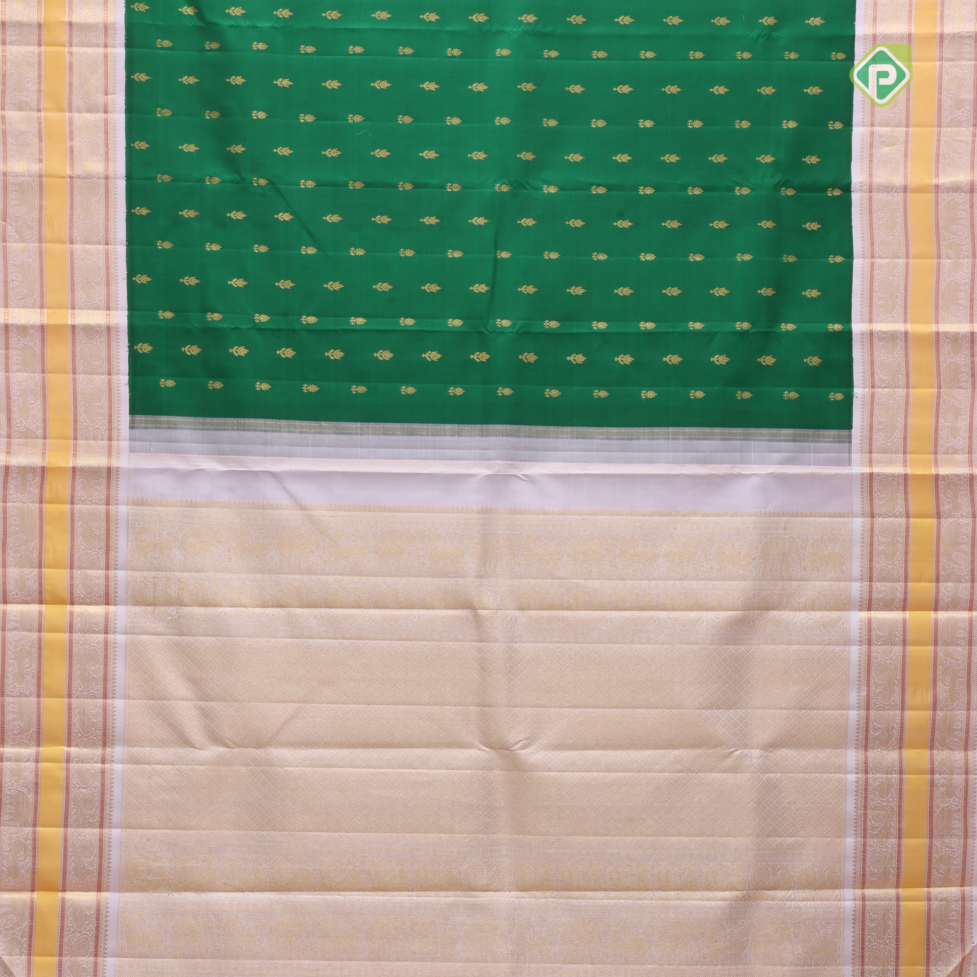 Forest green gold zari fancy flower buds butta contrast soft pink gold zari meena work double border Traditional Silk saree