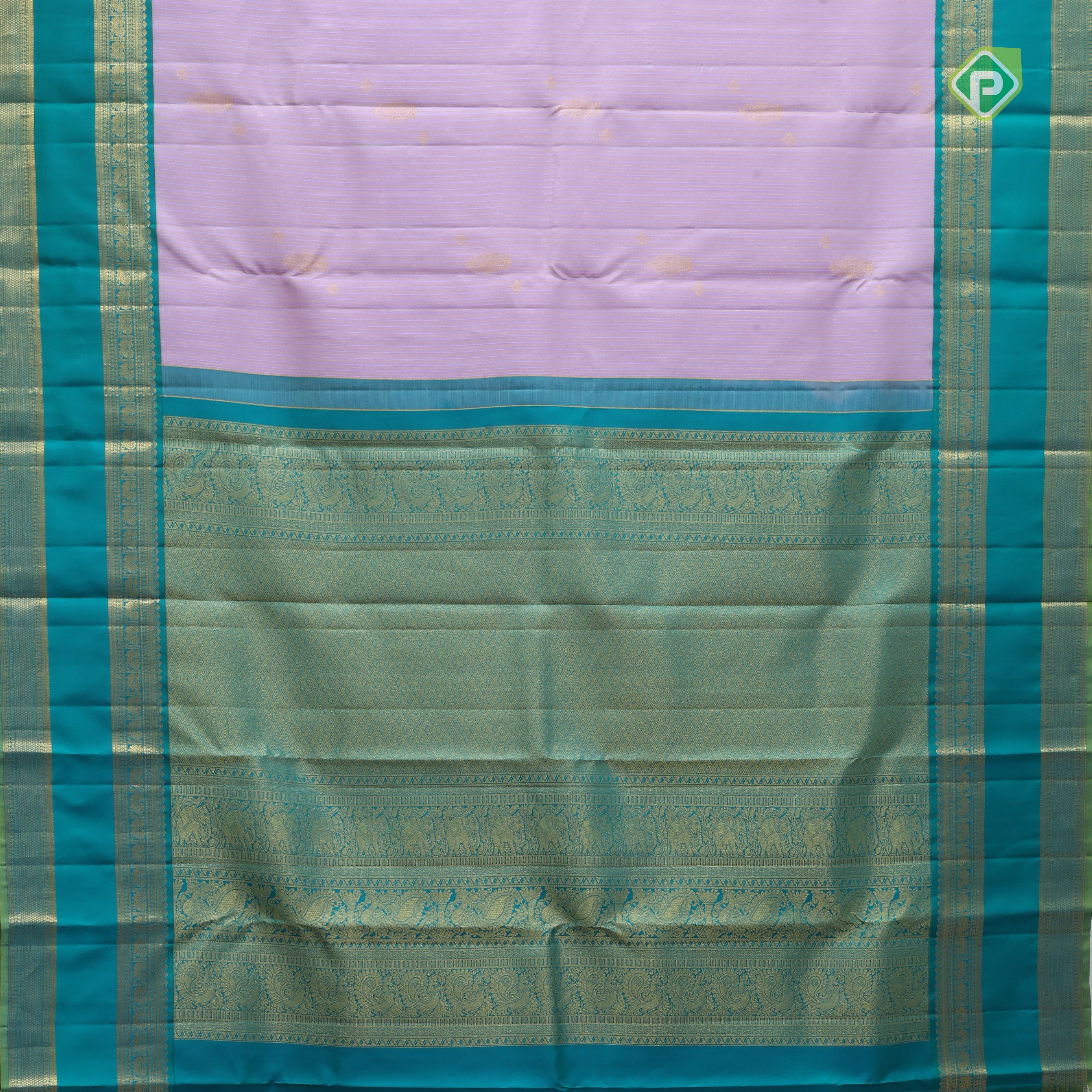 Lavender silk thread gold zari stripes mid flower butta design contrast green gold zari rettapet border Traditional silk saree