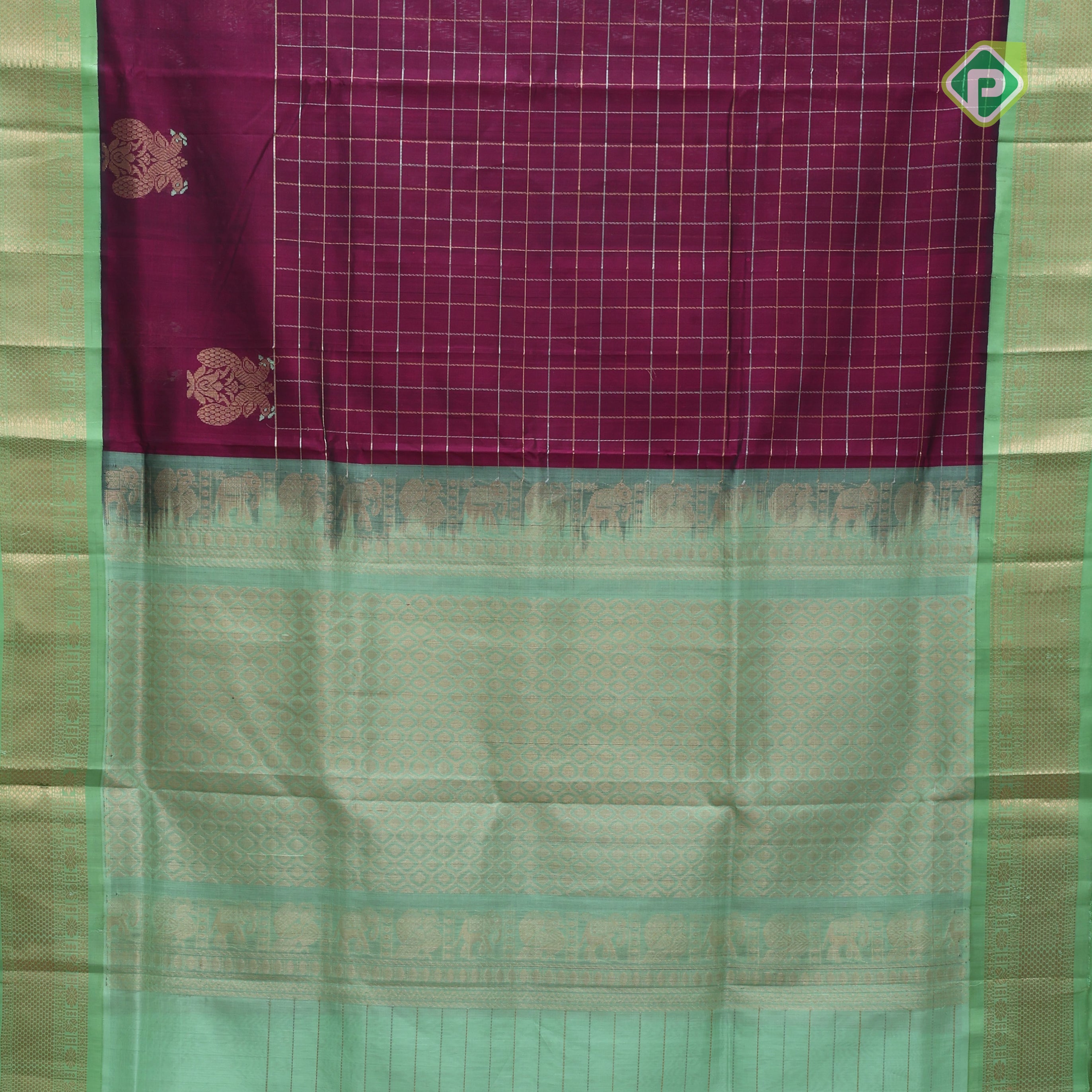 Dark pink multi color zari checks Contrast green gold zari border kuppadam silk saree