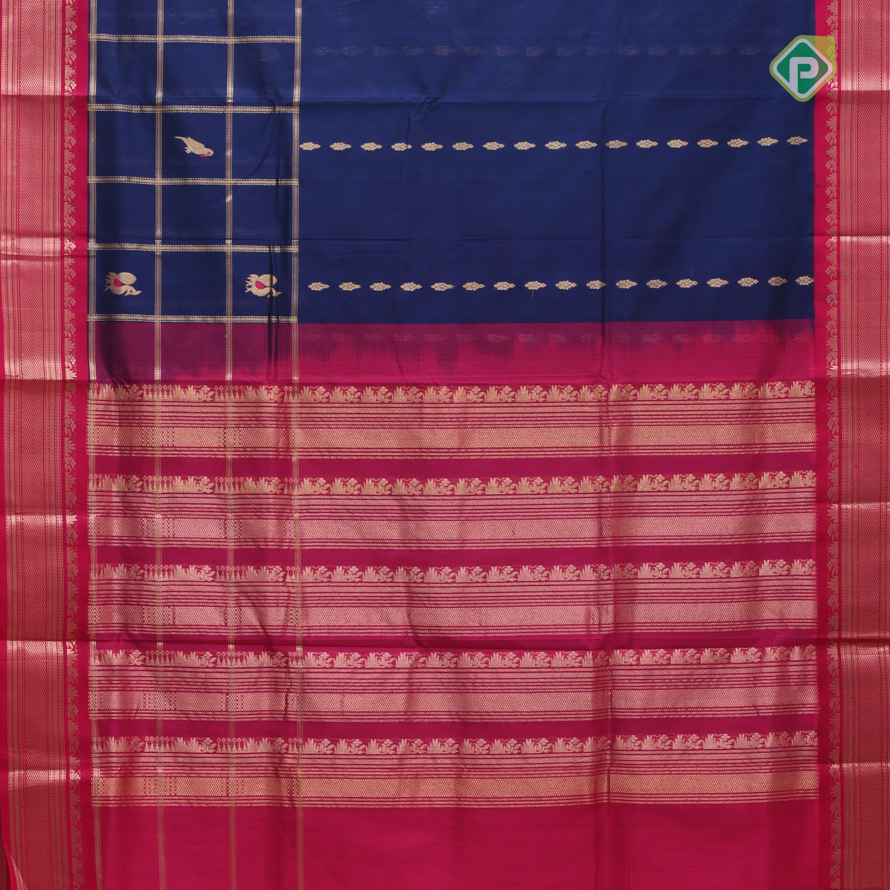 Royal blue gold zari partial peacock parrot meena work checks Rani pink border kuppadam silk cotton saree