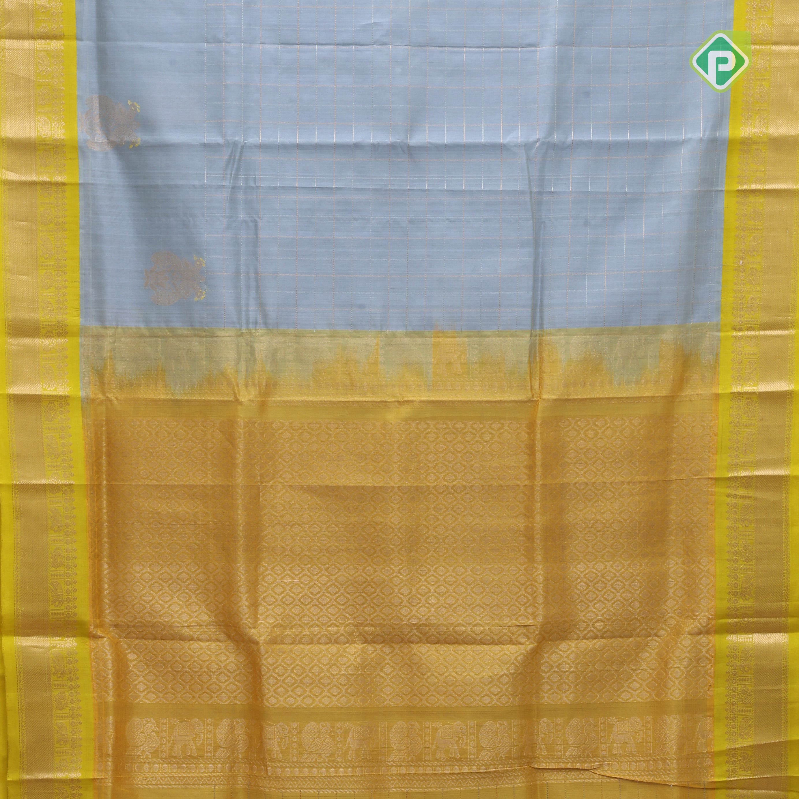 Ash grey multi color zari checks contrast manthulir green zari border kuppadam silk cotton saree