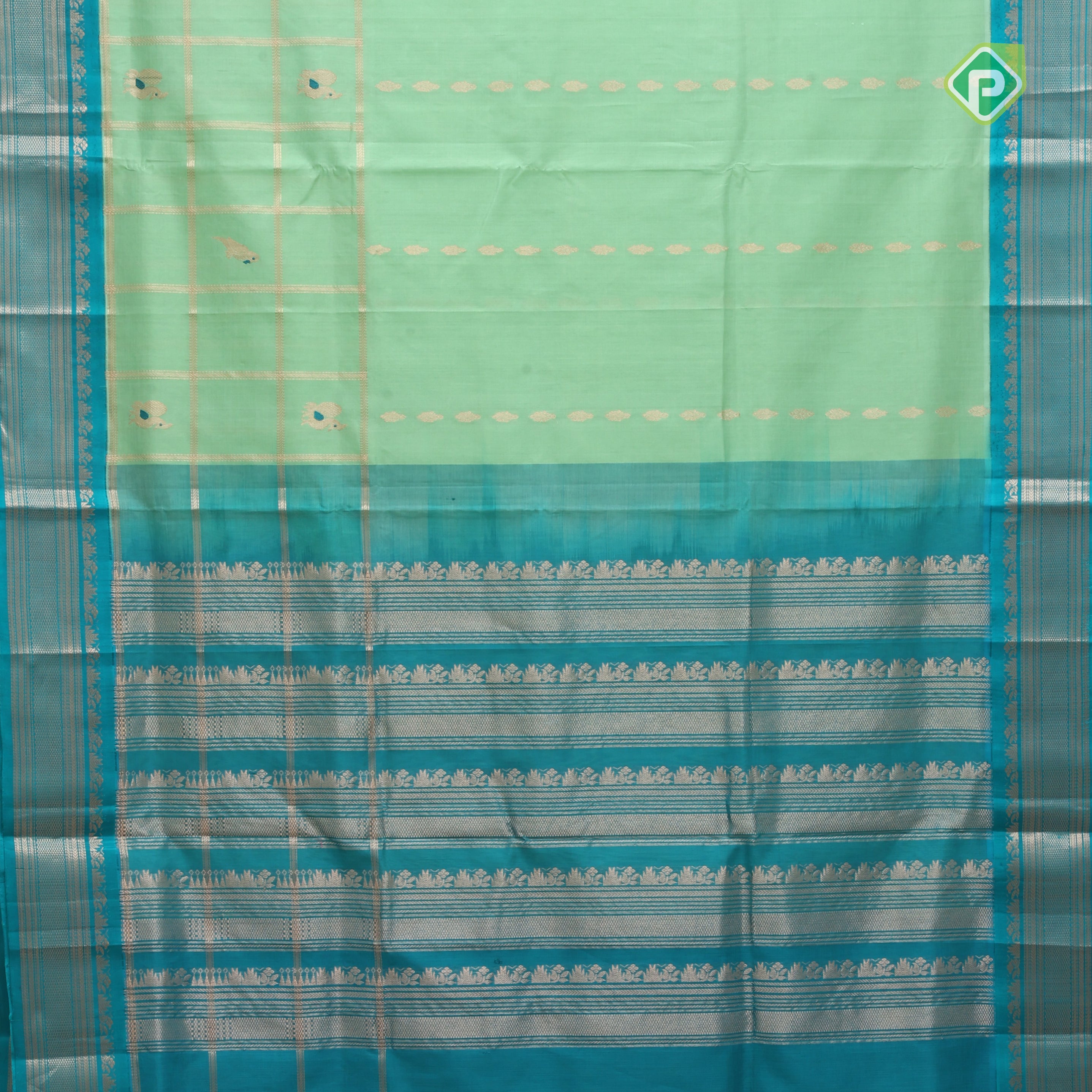 Pista green gold zari partial peacock parrot meena work checks peacock blue border kuppadam silk cotton saree