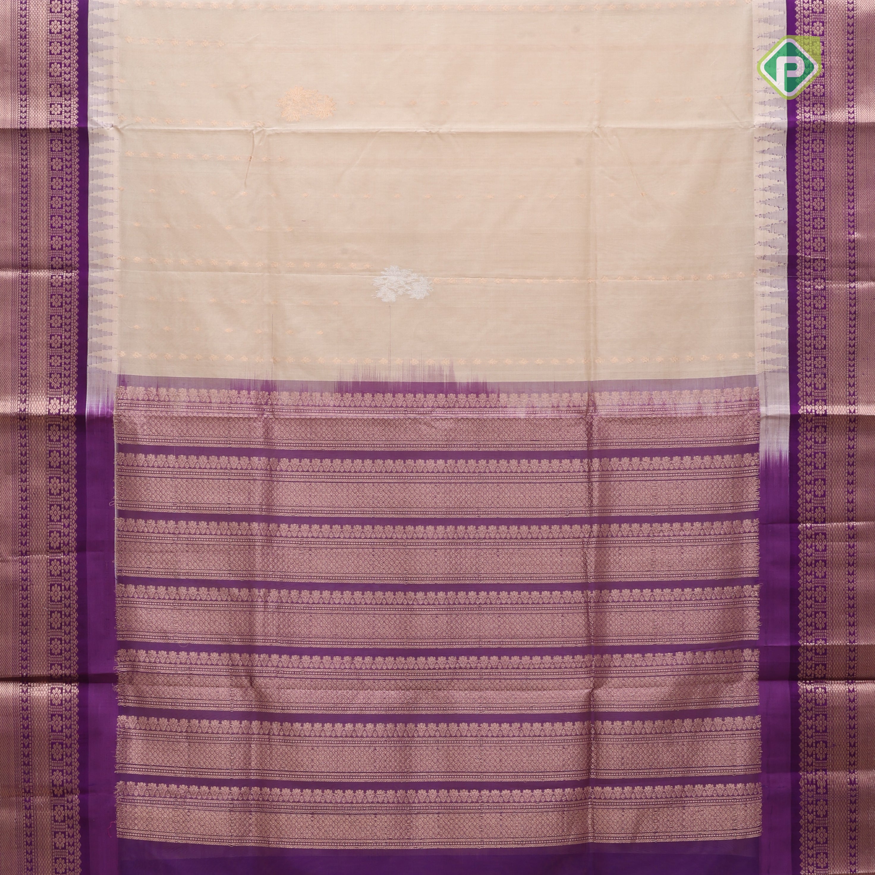 Creamy Sandal copper zari butta lines purple copper zari border kuppadam silk cotton saree