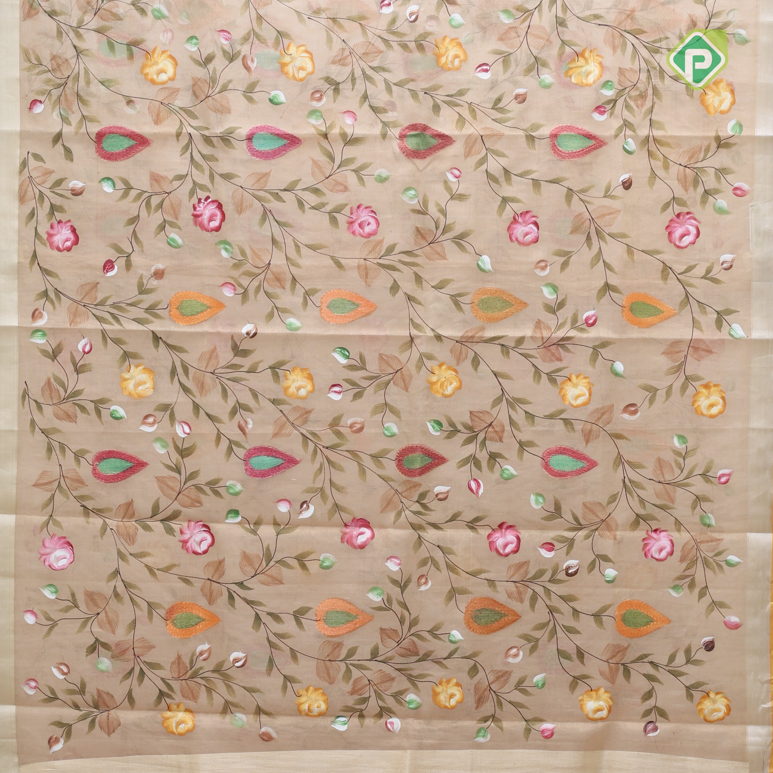Gold zari by zari tissue muti color digital painting meena work silver zari edge border banaras silk saree