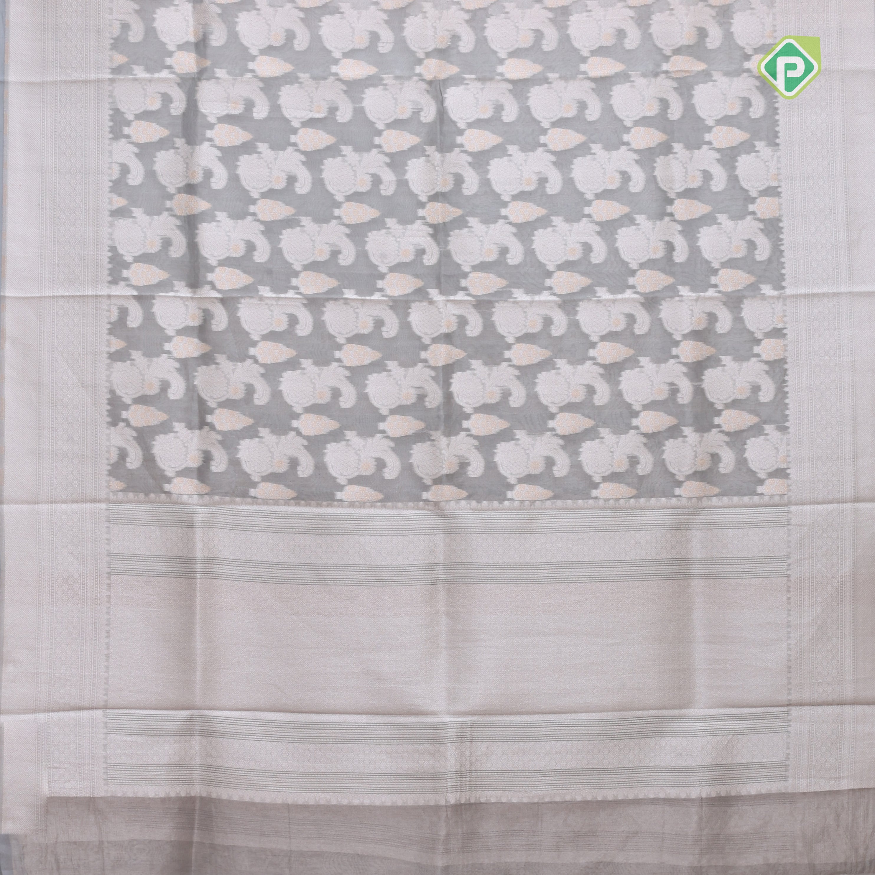 Grey zari by zari jaal full body design self border banaras tissue silk silk saree