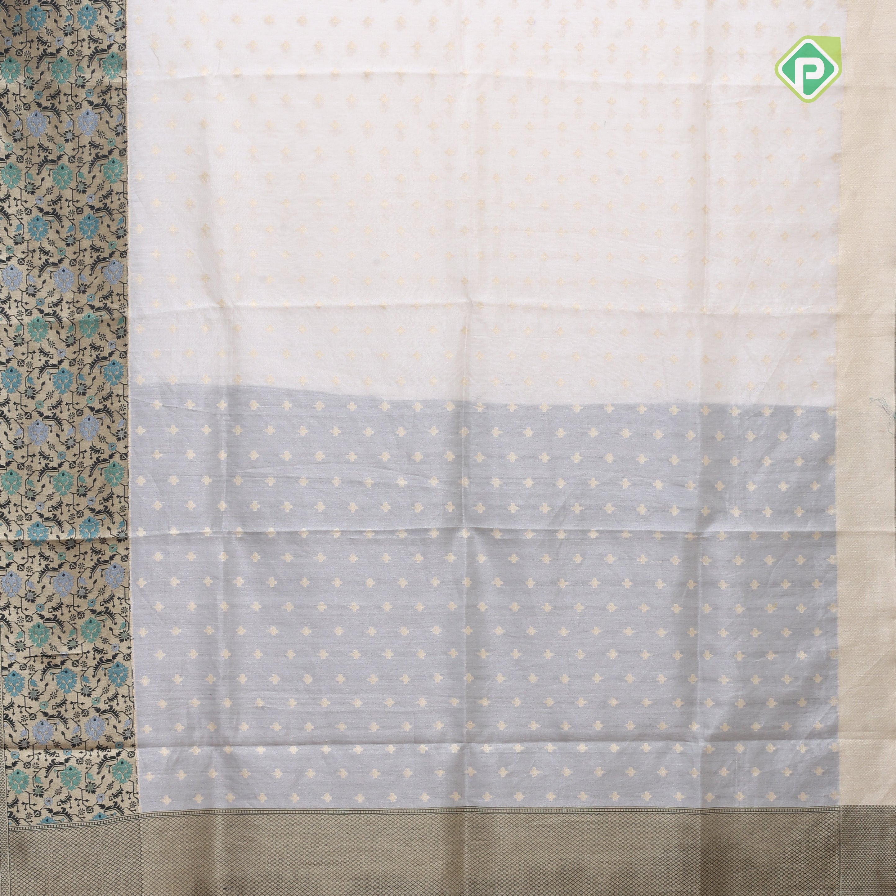 Cream white gold zari star butta tissue weaving contrast black pythonic border banaras tissue silk saree