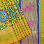 Lemon yellow base multi color digital printed design tri color border dhupion saree