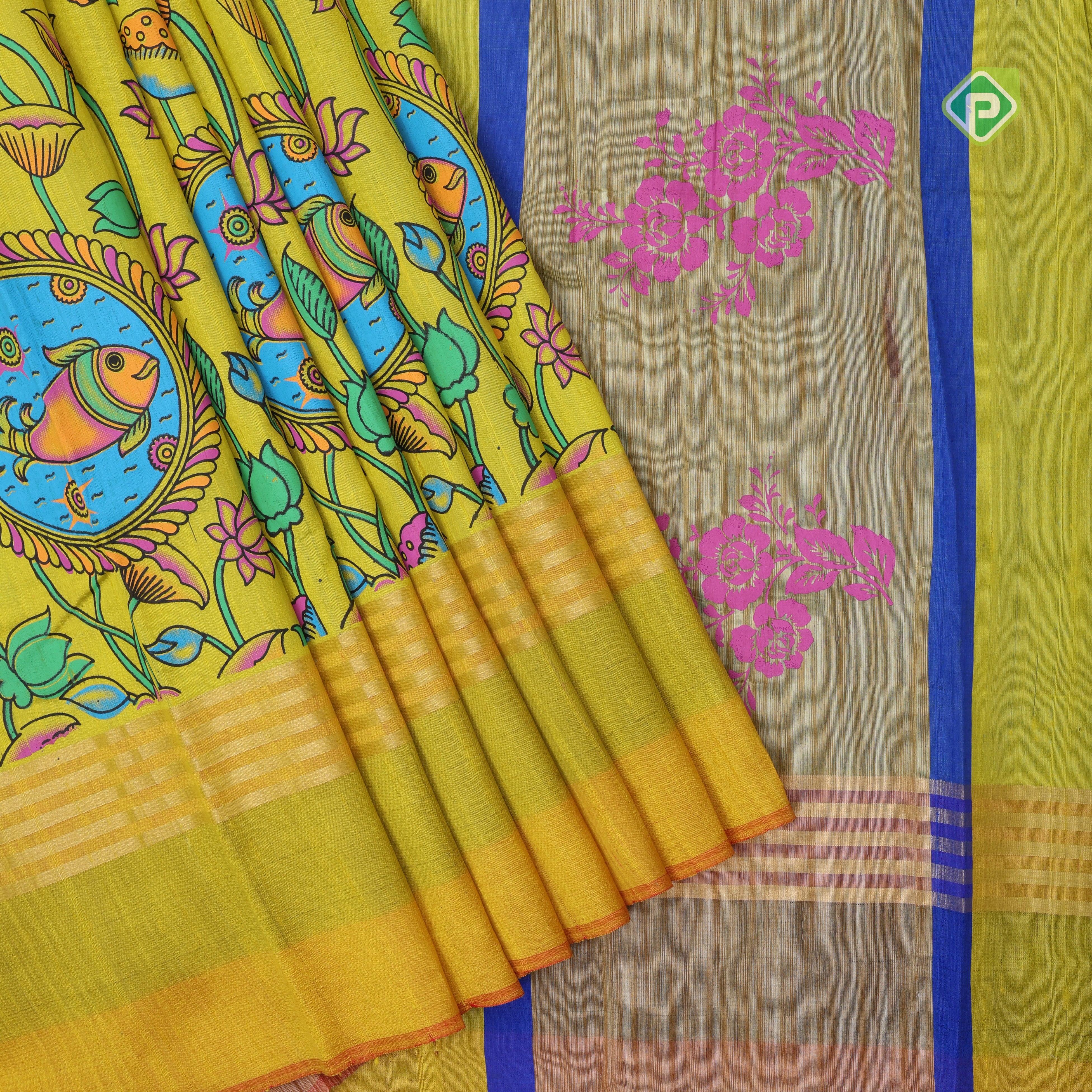 Lemon yellow base multi color digital printed design tri color border dhupion saree