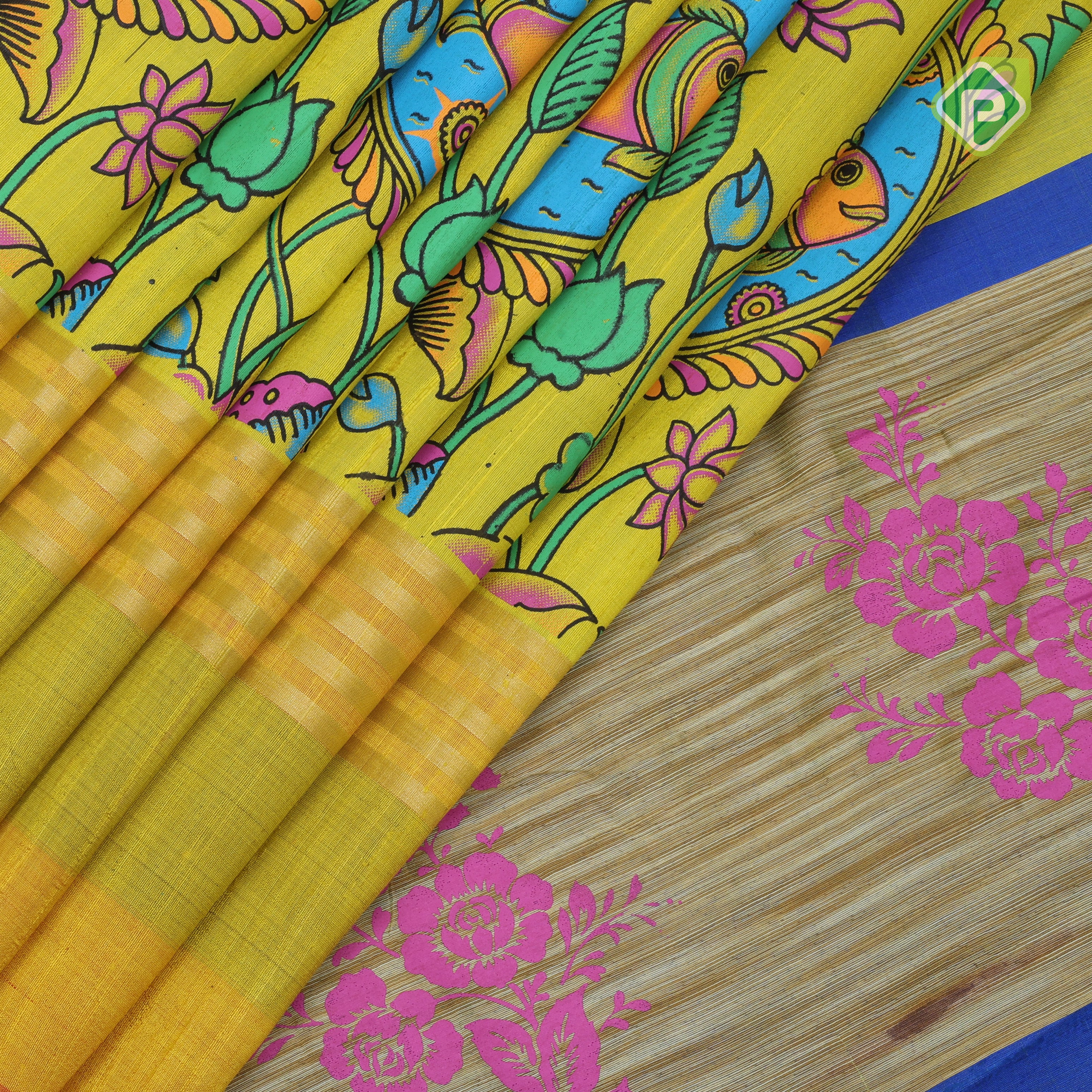 Lemon yellow base multi color digital printed design tri color border dhupion saree