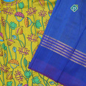 Lemon yellow base multi color digital printed design tri color border dhupion saree