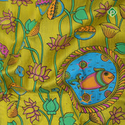Lemon yellow base multi color digital printed design tri color border dhupion saree