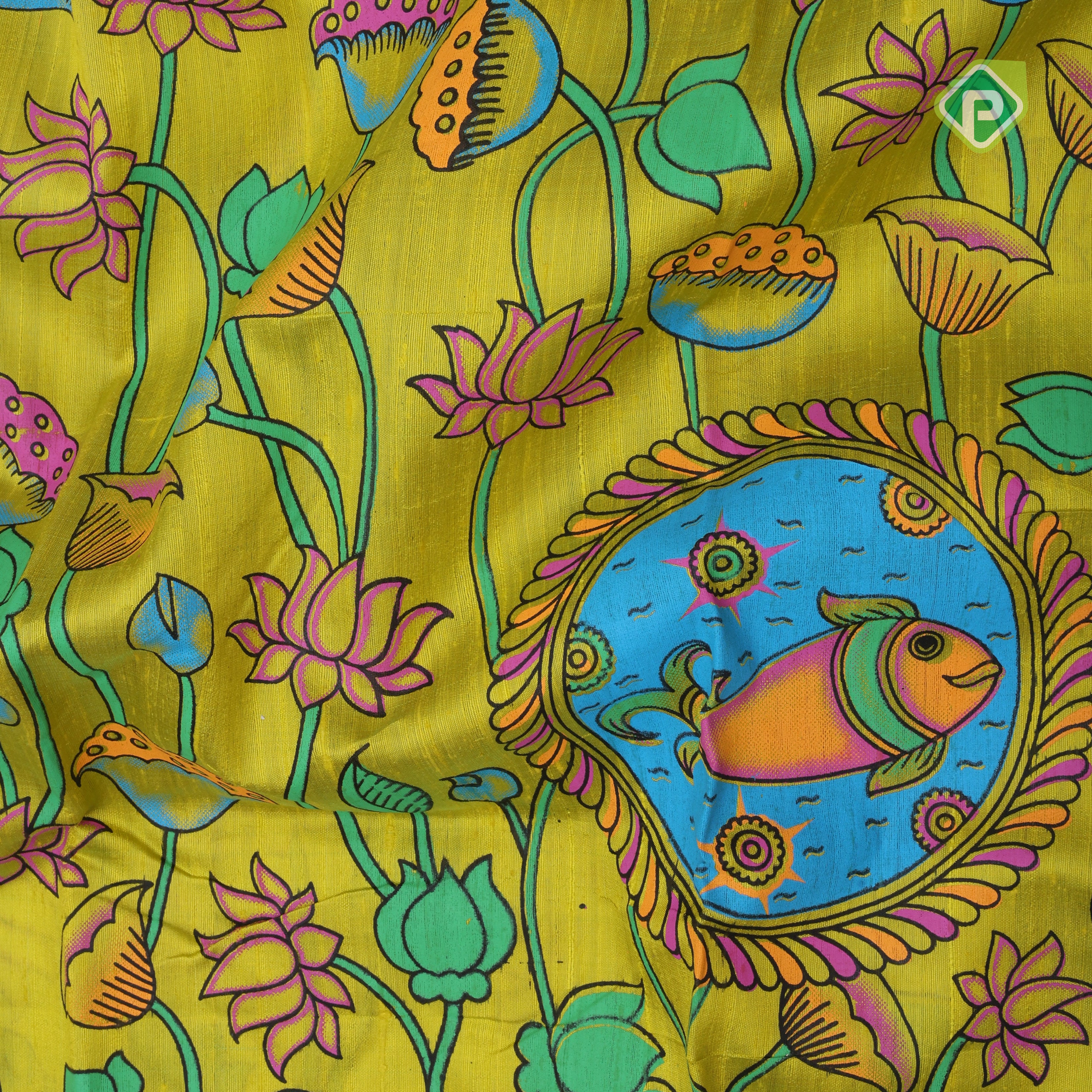 Lemon yellow base multi color digital printed design tri color border dhupion saree