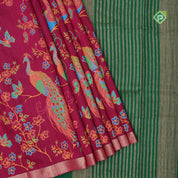 Purple base multi color digital printed design gold zari edge border dhupion saree