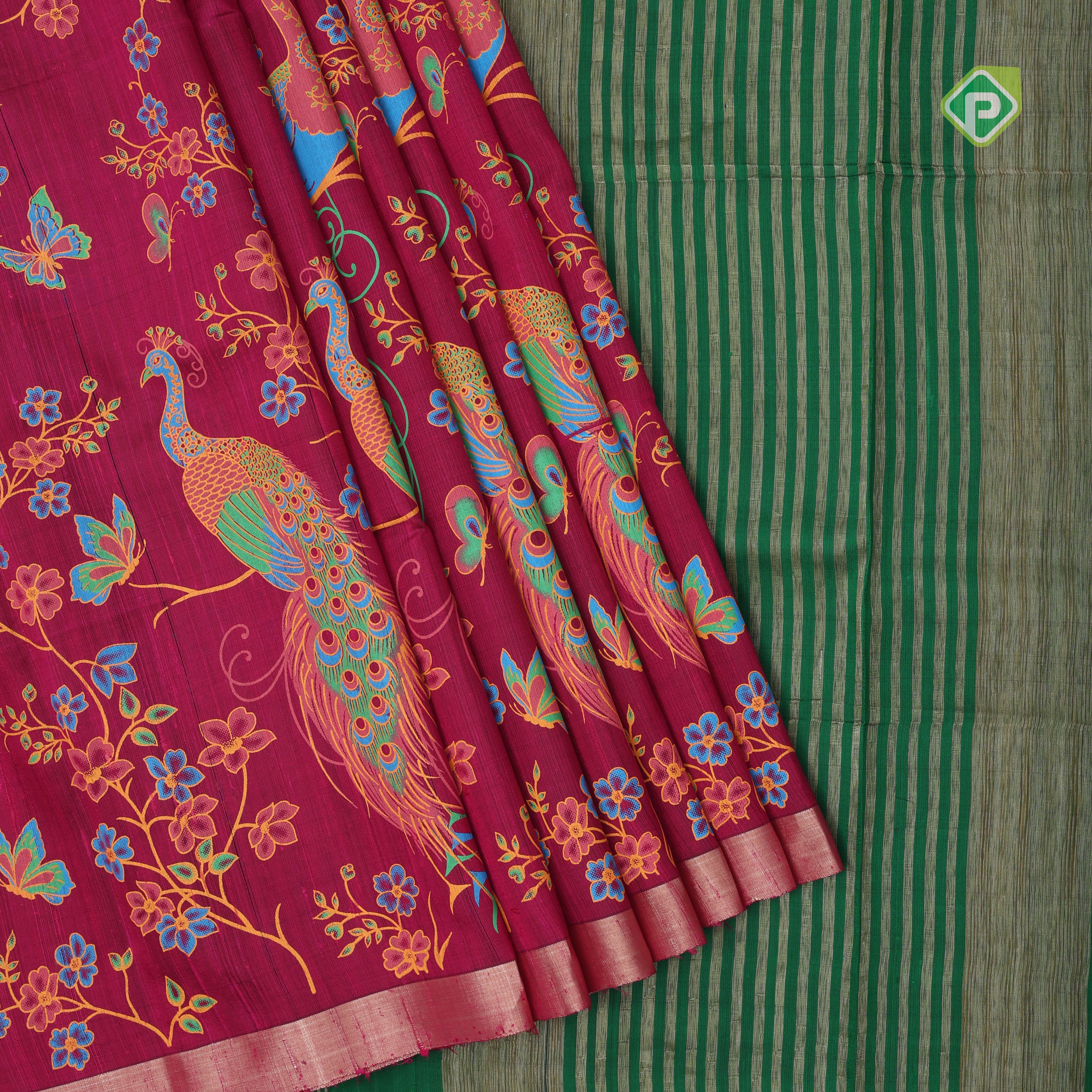 Purple base multi color digital printed design gold zari edge border dhupion saree