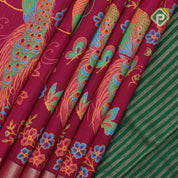 Purple base multi color digital printed design gold zari edge border dhupion saree