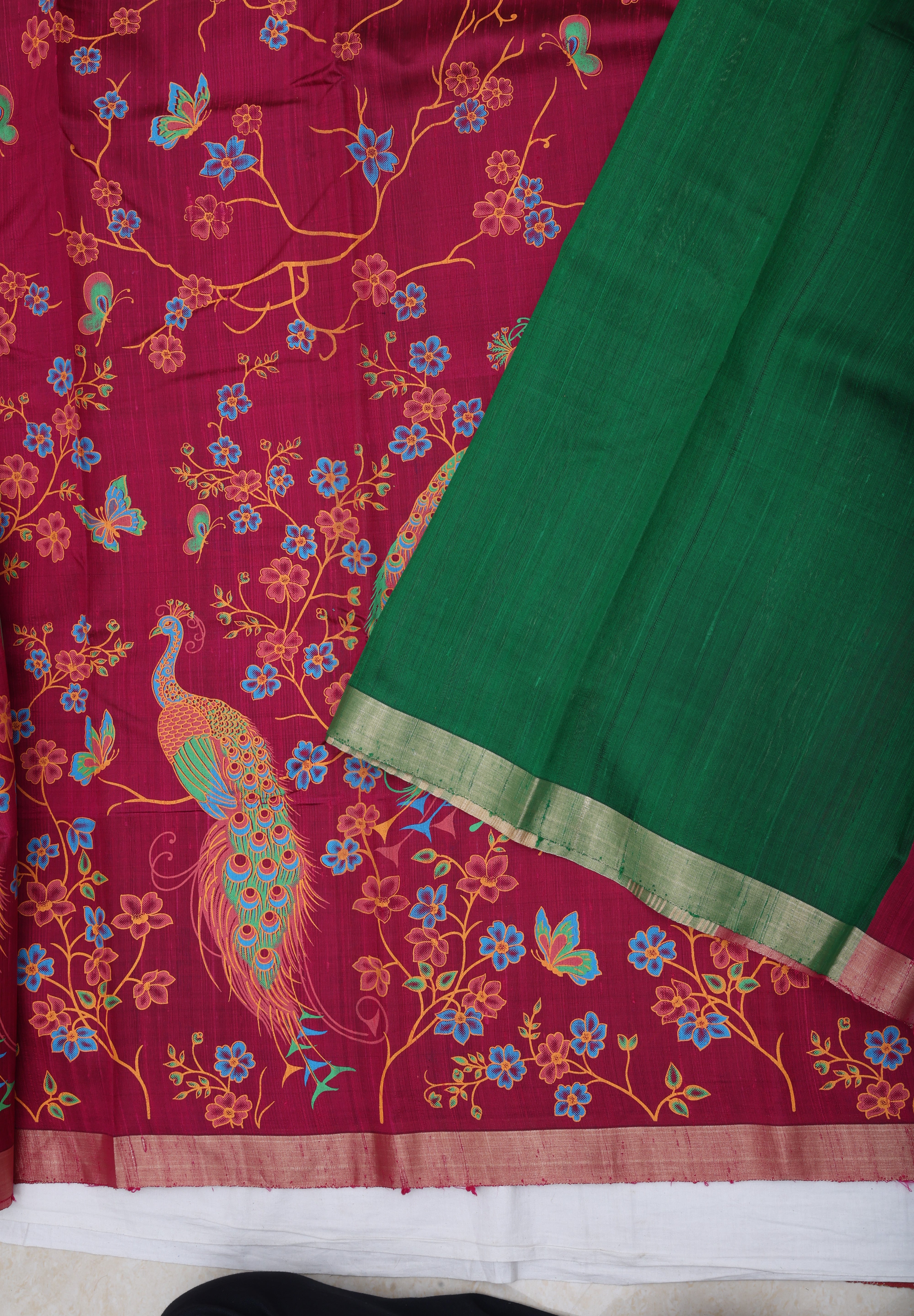 Purple base multi color digital printed design gold zari edge border dhupion saree