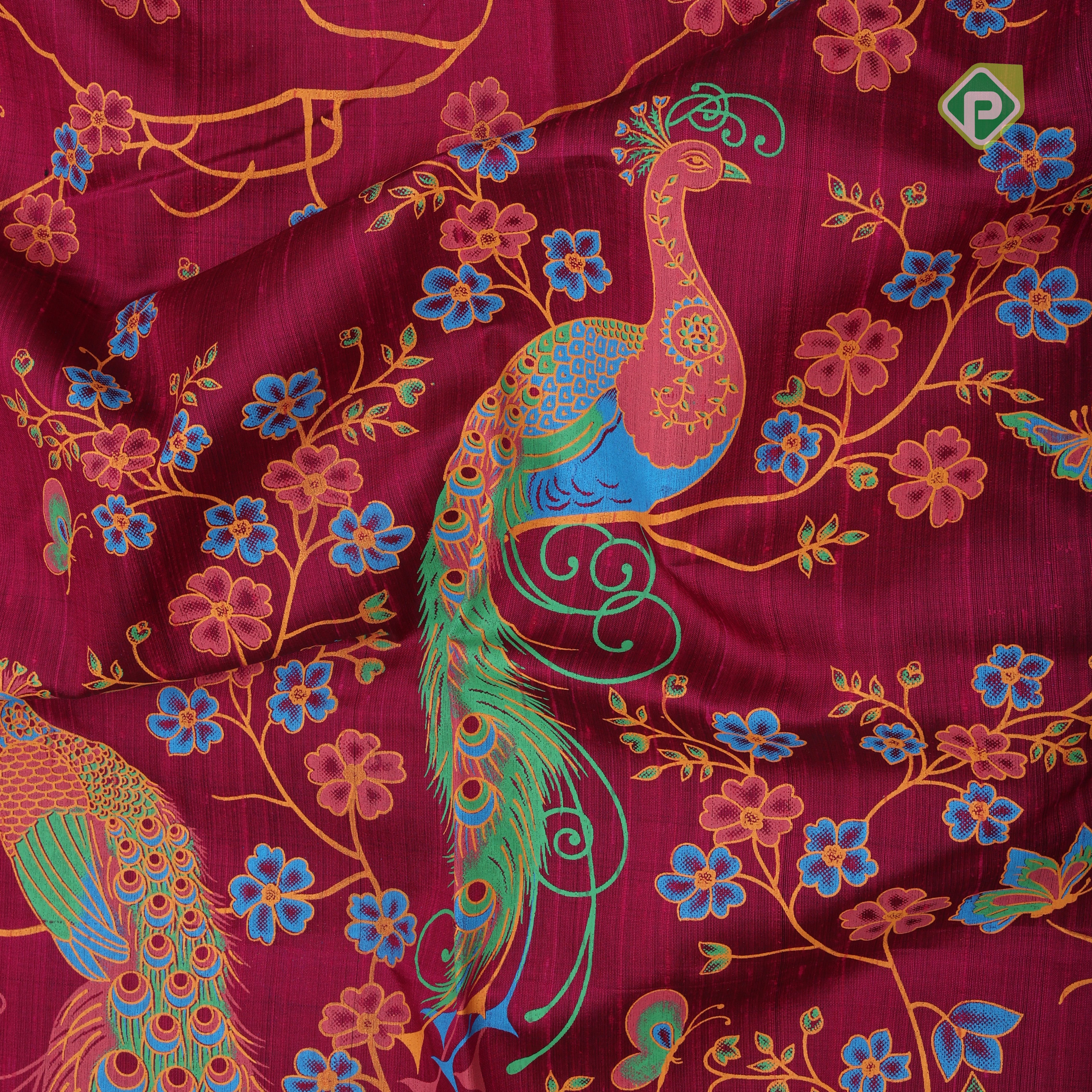 Purple base multi color digital printed design gold zari edge border dhupion saree