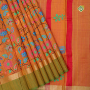 Pinkish orange multi color digital printed design green gold zari double border dhupion saree