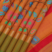 Pinkish orange multi color digital printed design green gold zari double border dhupion saree
