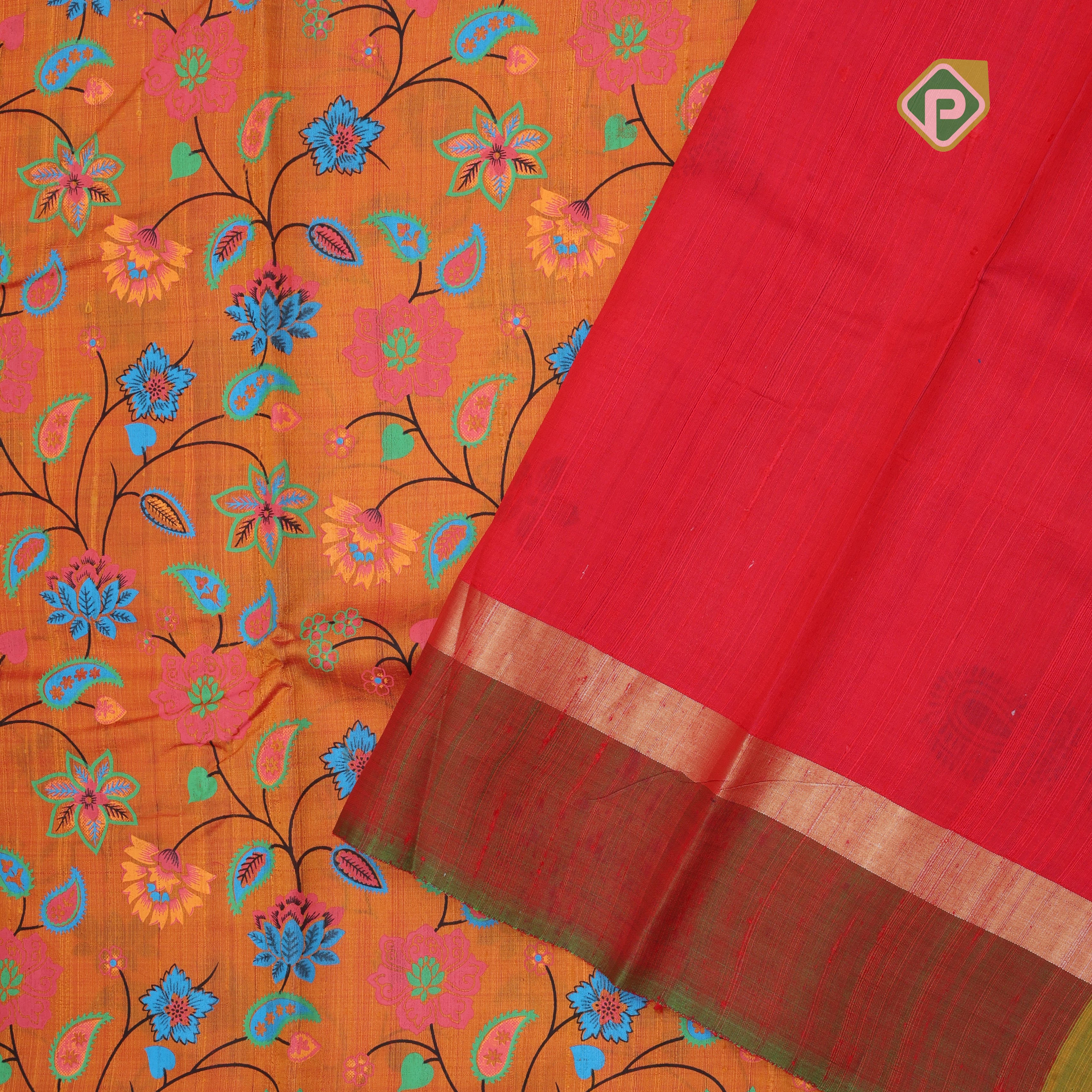 Pinkish orange multi color digital printed design green gold zari double border dhupion saree