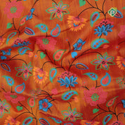 Pinkish orange multi color digital printed design green gold zari double border dhupion saree