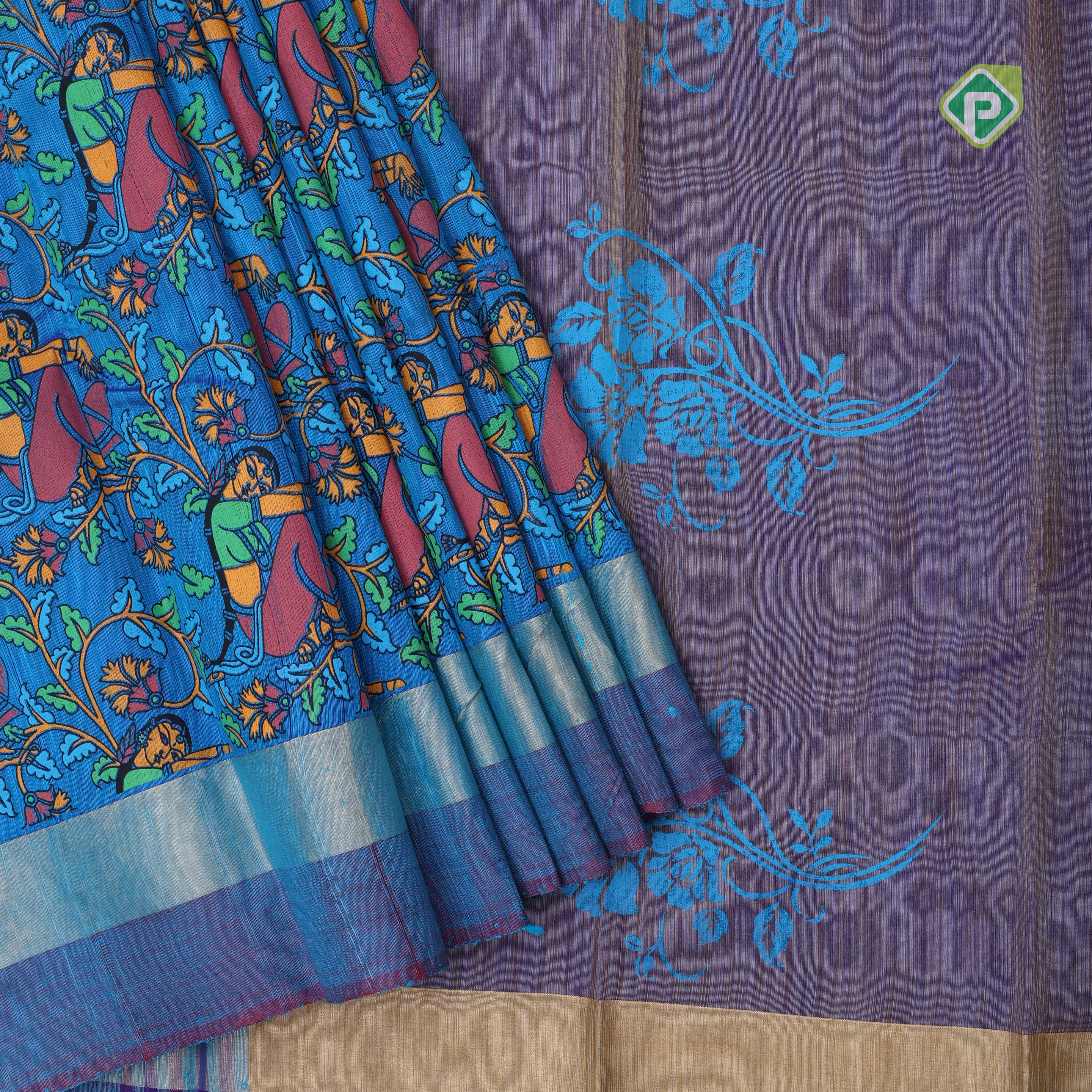 Blue base multi color digital printed design double color border dhupion saree