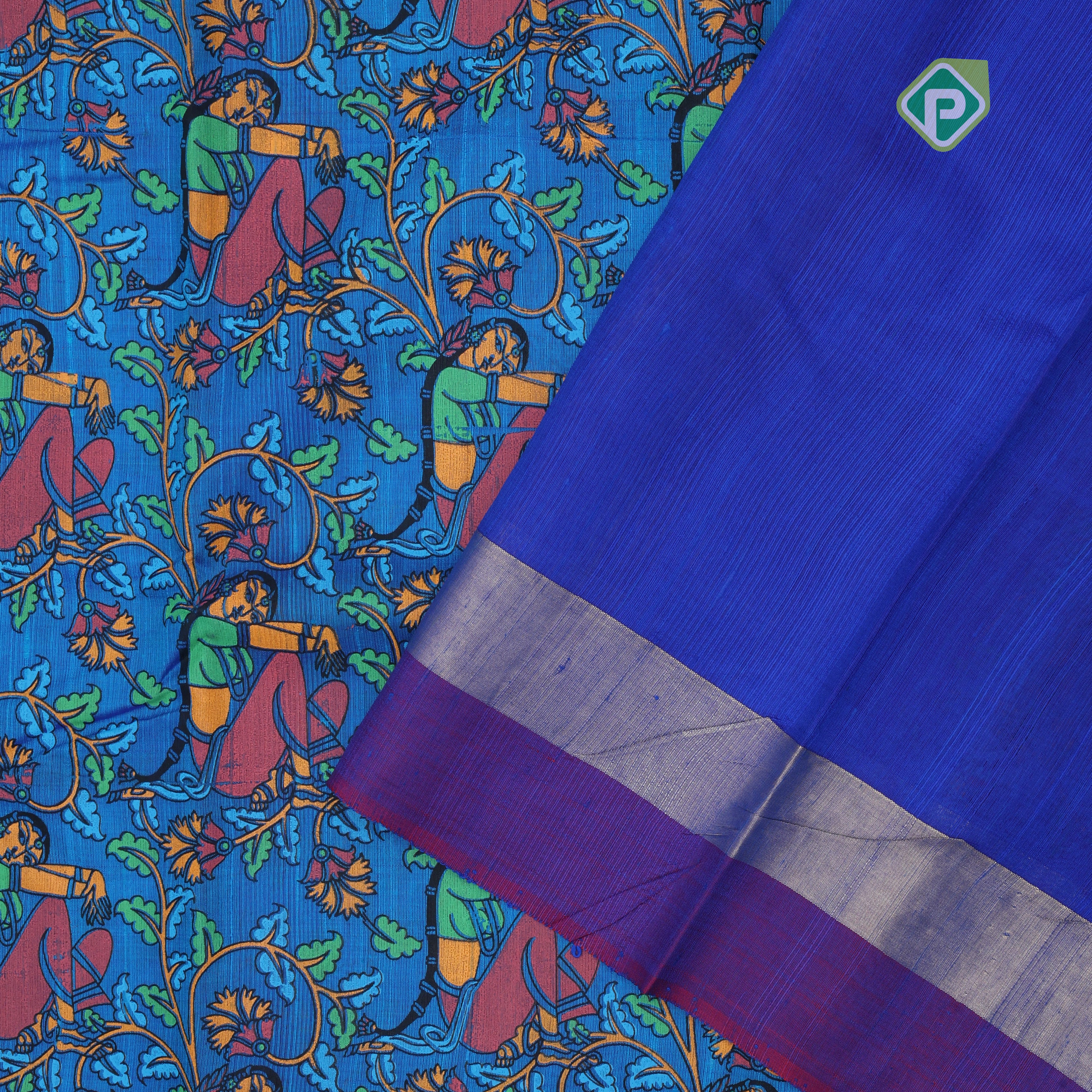Blue base multi color digital printed design double color border dhupion saree