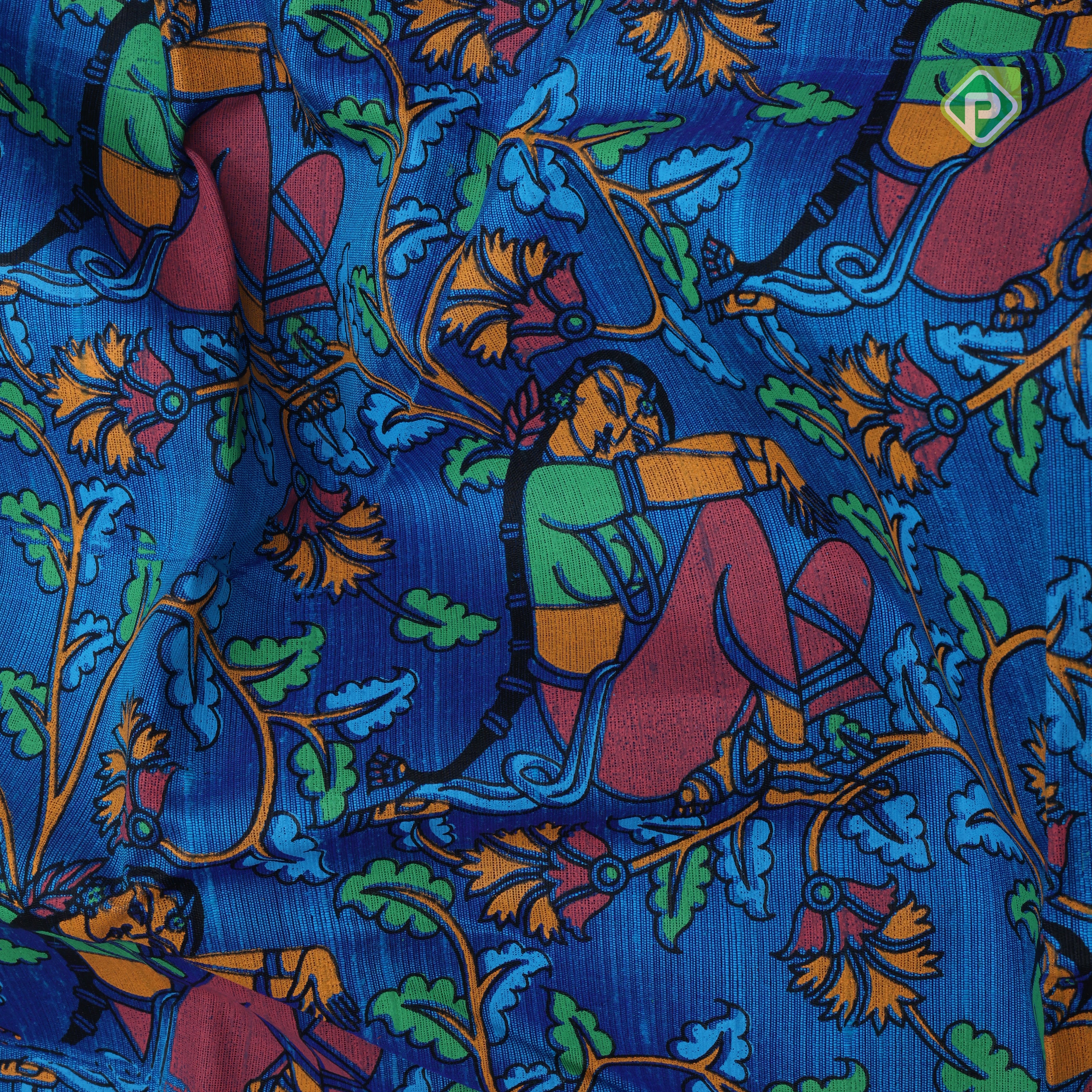 Blue base multi color digital printed design double color border dhupion saree