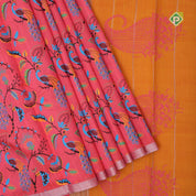 Red orange base multi color digital printed design silver zari border dhupion saree