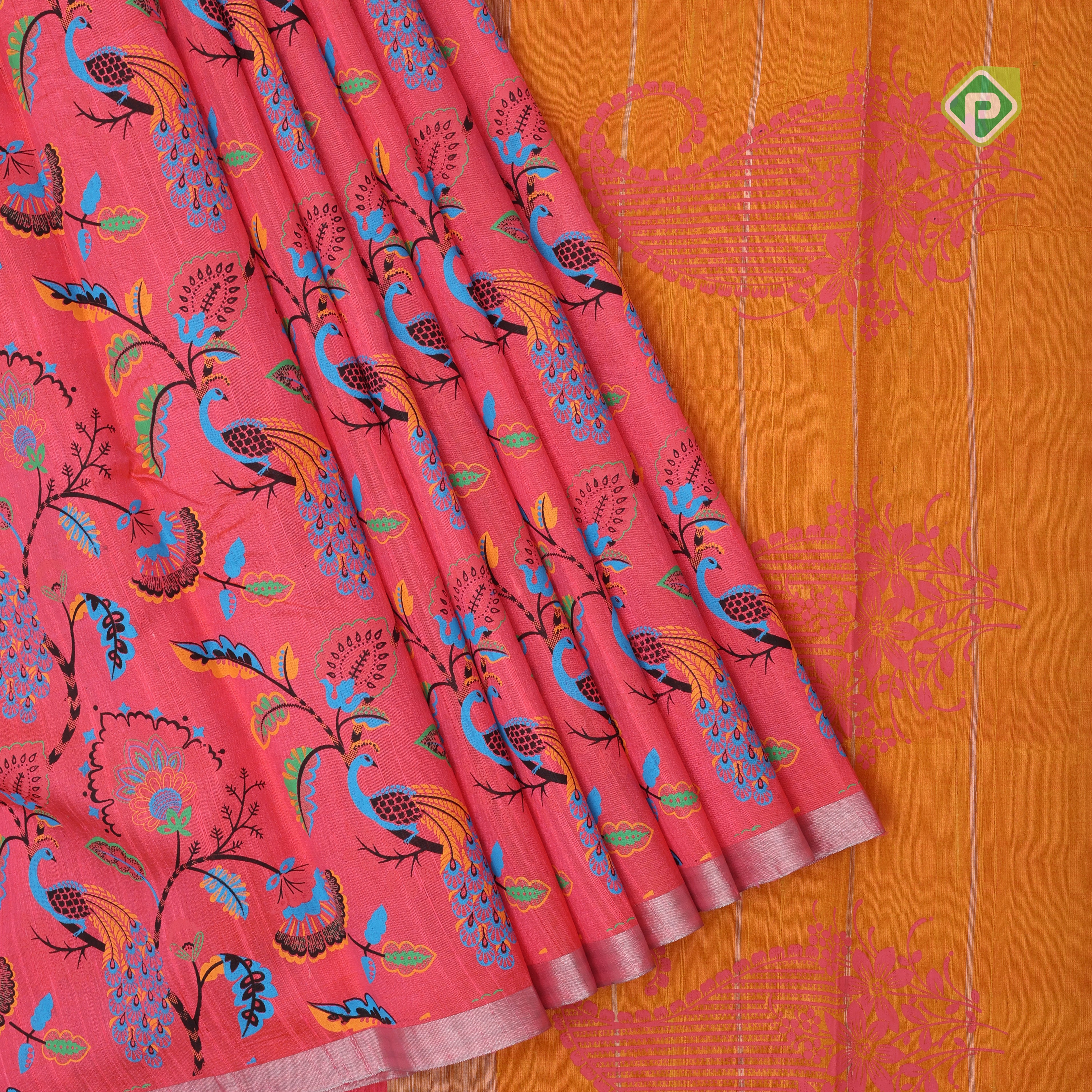 Red orange base multi color digital printed design silver zari border dhupion saree