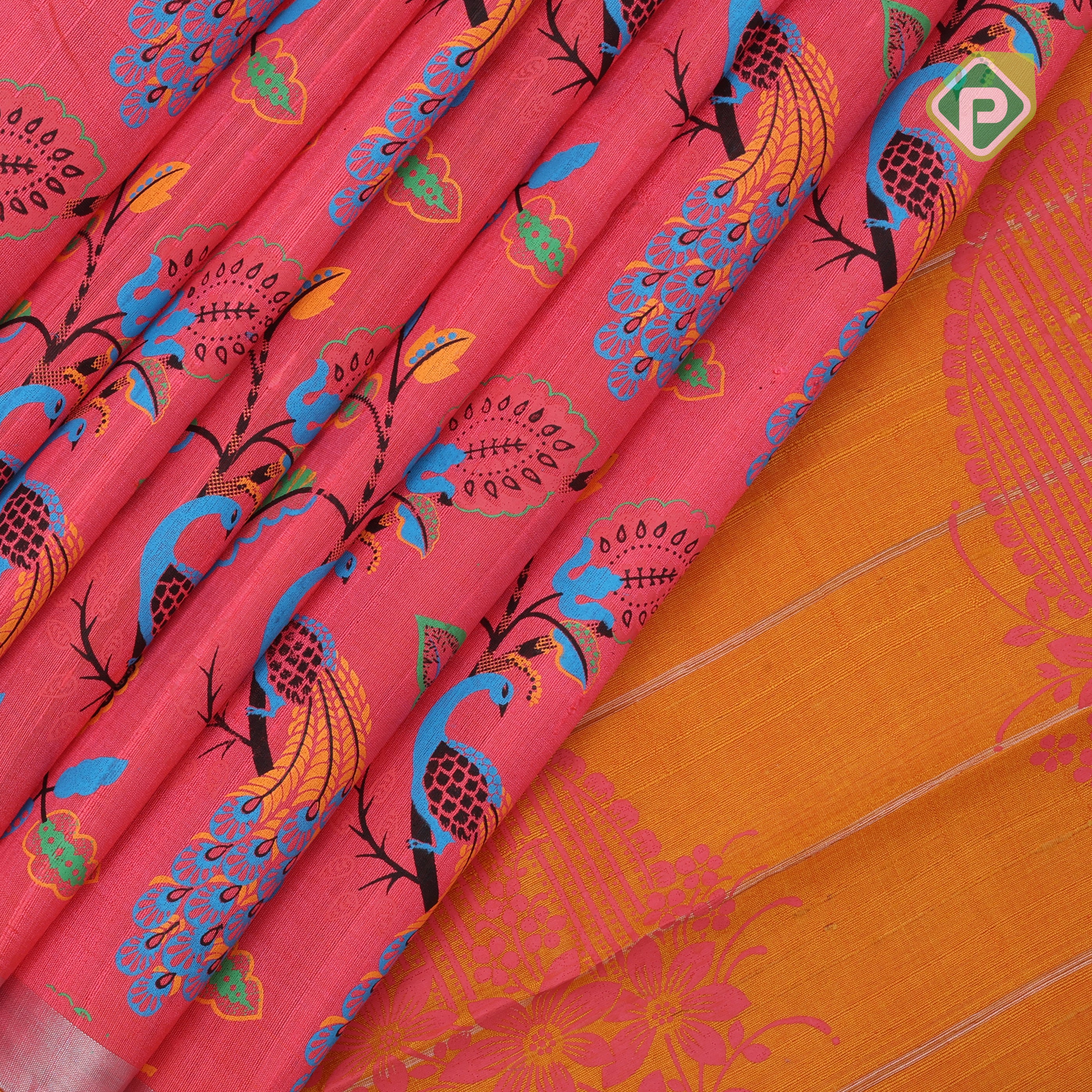 Red orange base multi color digital printed design silver zari border dhupion saree