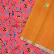 Red orange base multi color digital printed design silver zari border dhupion saree