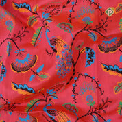Red orange base multi color digital printed design silver zari border dhupion saree