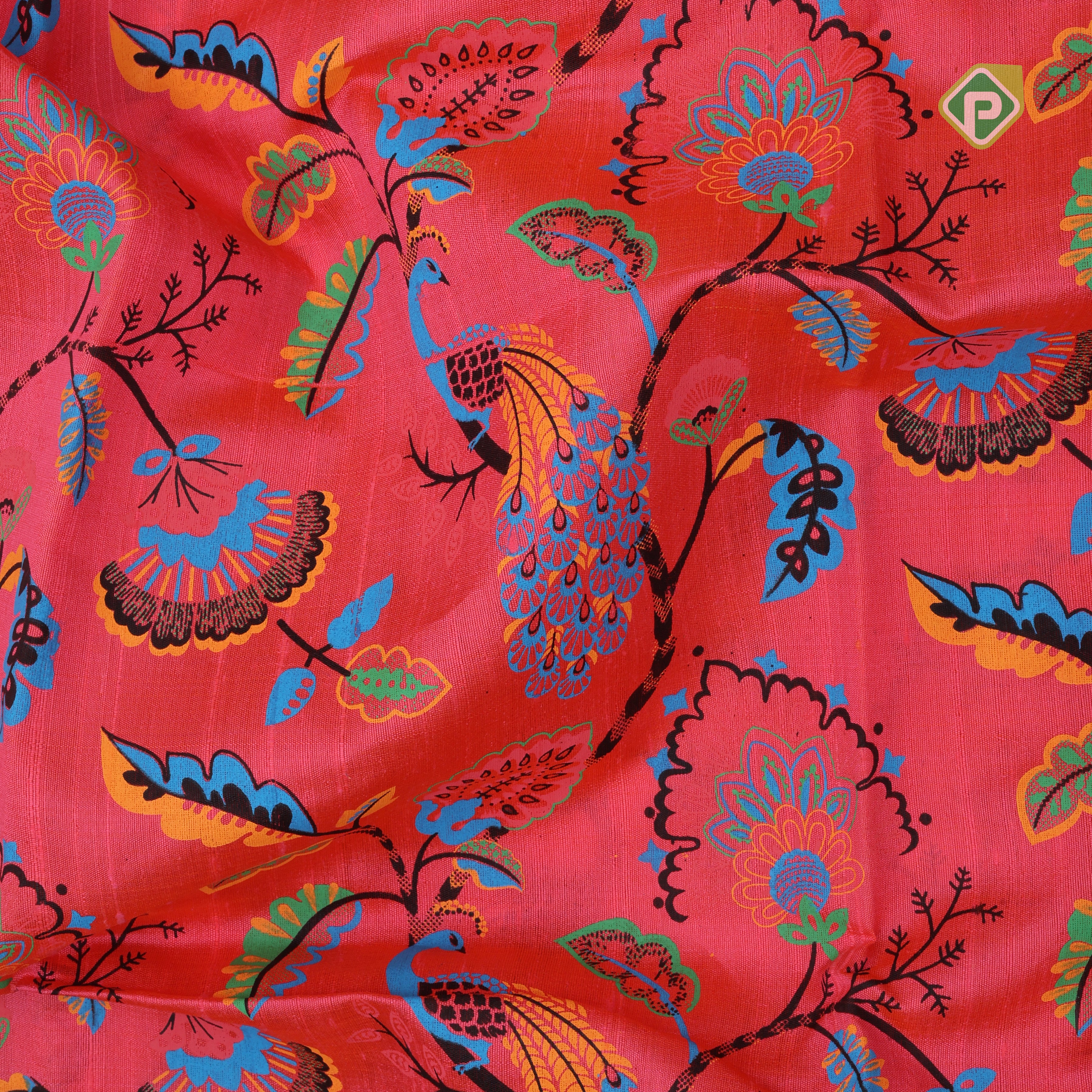 Red orange base multi color digital printed design silver zari border dhupion saree