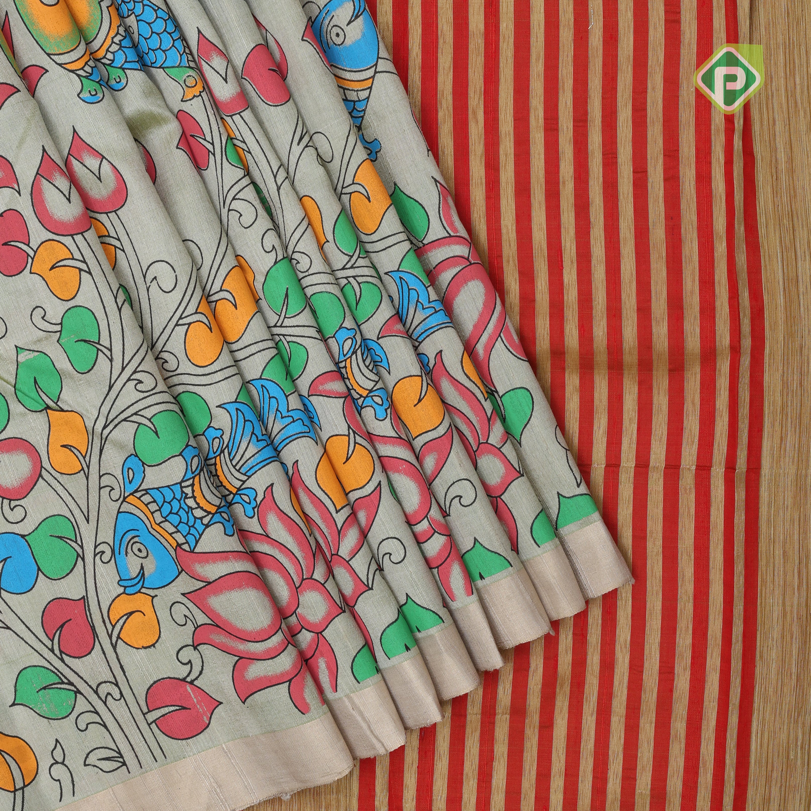 Sage green base multi color digital printed design silver zari border dhupion saree