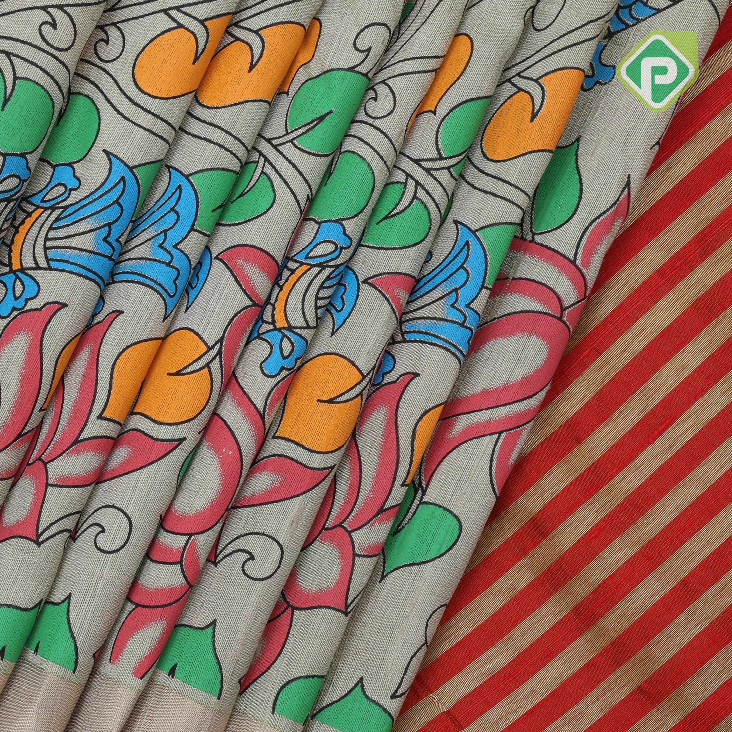 Sage green base multi color digital printed design silver zari border dhupion saree