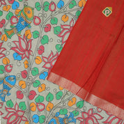 Sage green base multi color digital printed design silver zari border dhupion saree