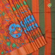 Fanta orange base multi color digital printed design silver zari border dhupion saree