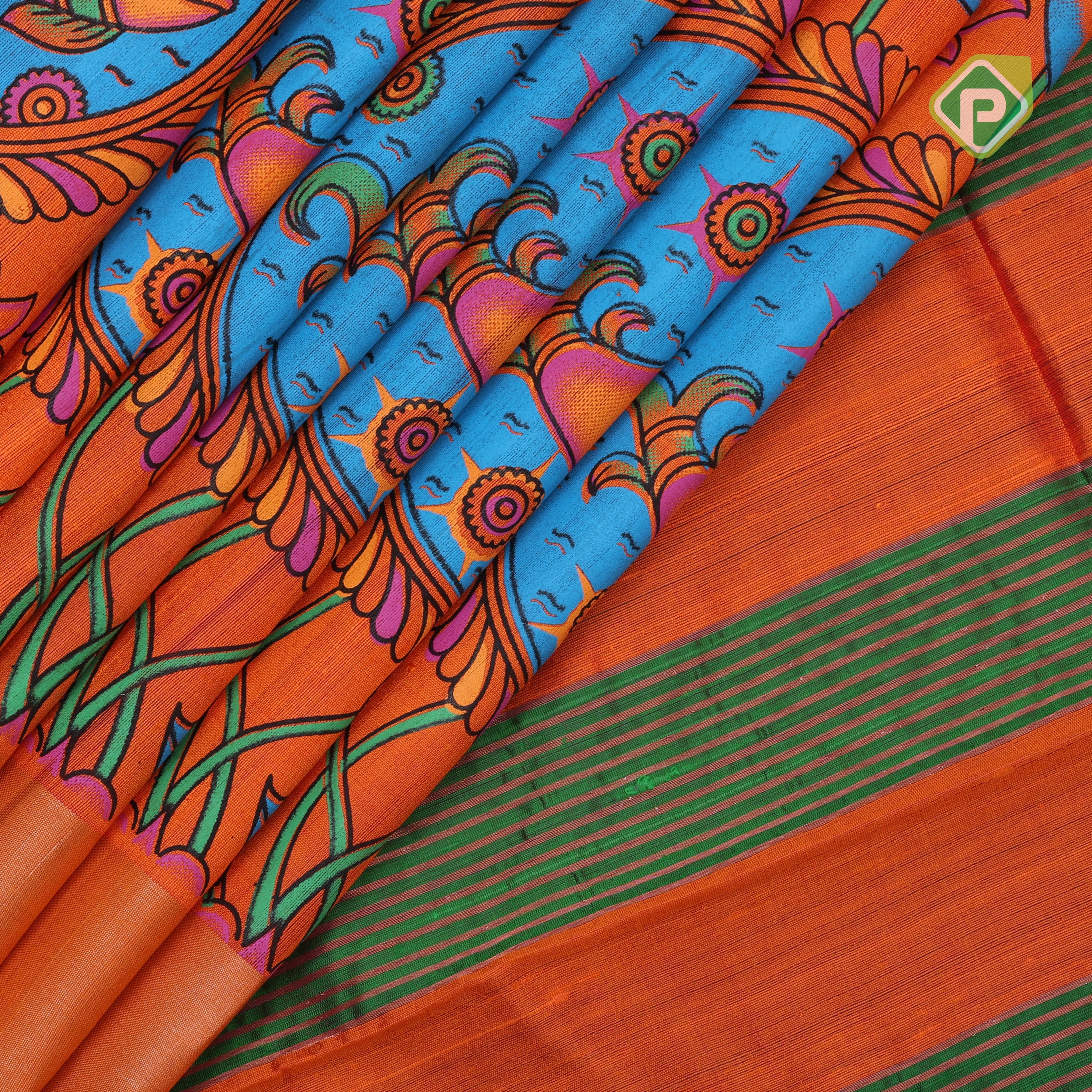 Fanta orange base multi color digital printed design silver zari border dhupion saree