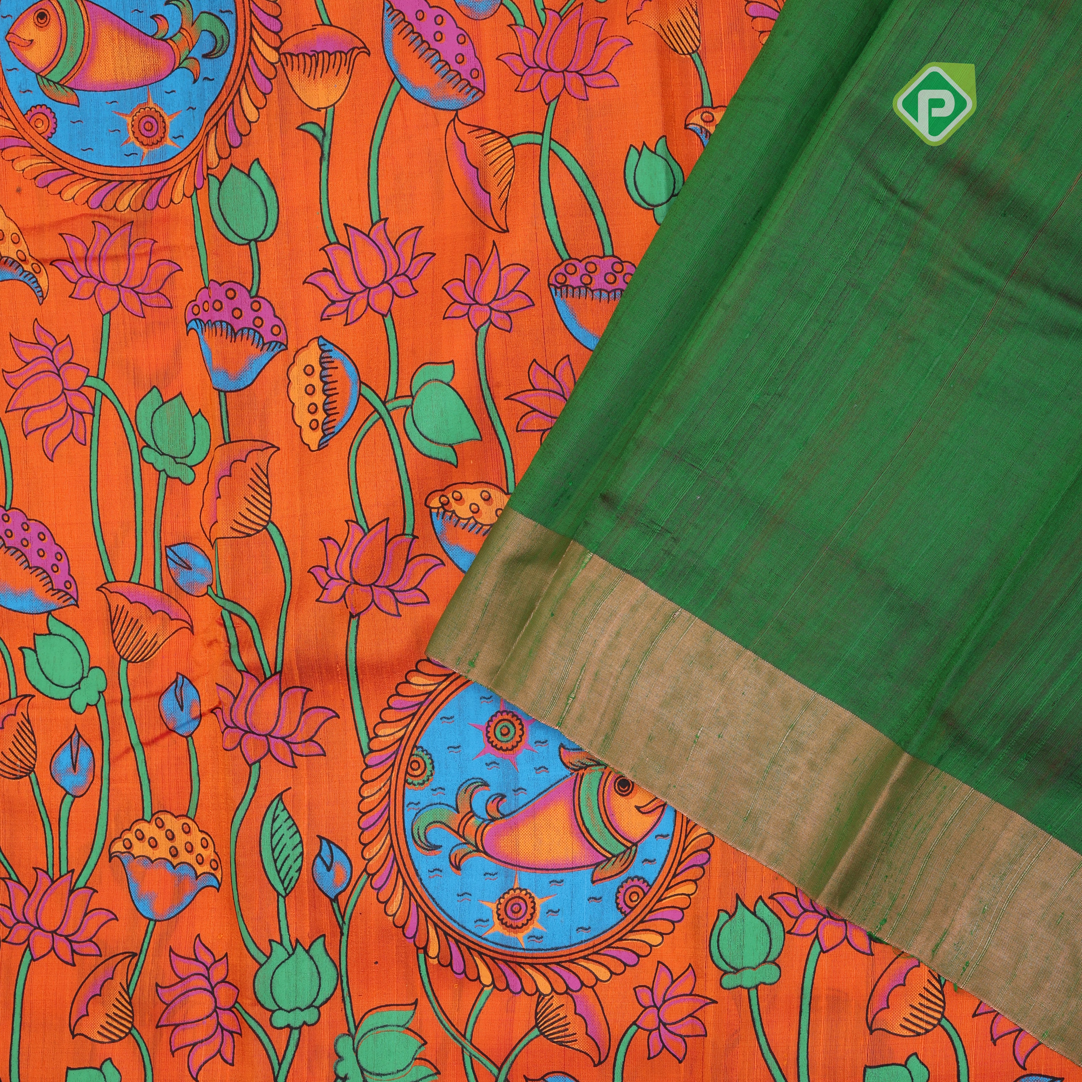 Fanta orange base multi color digital printed design silver zari border dhupion saree