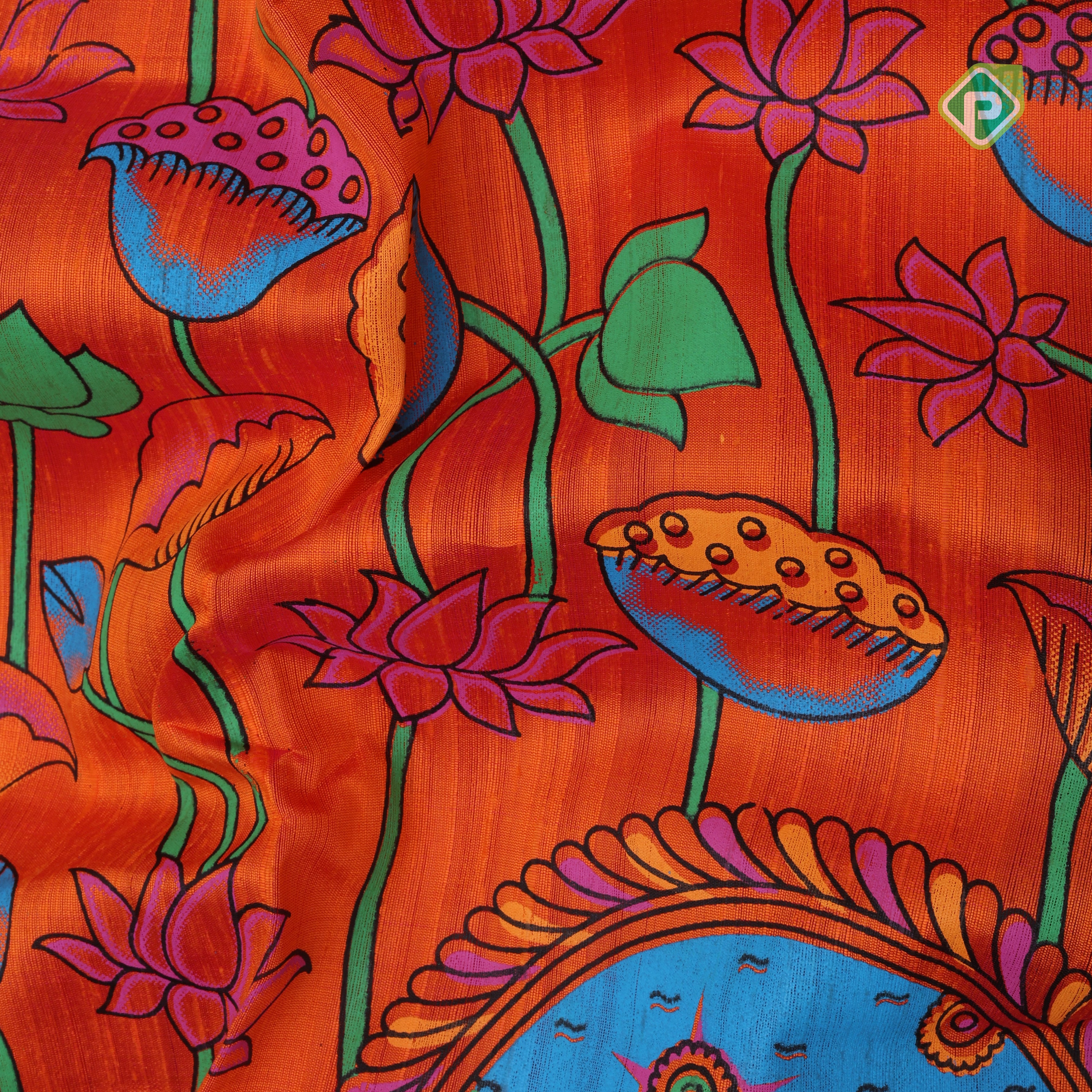 Fanta orange base multi color digital printed design silver zari border dhupion saree