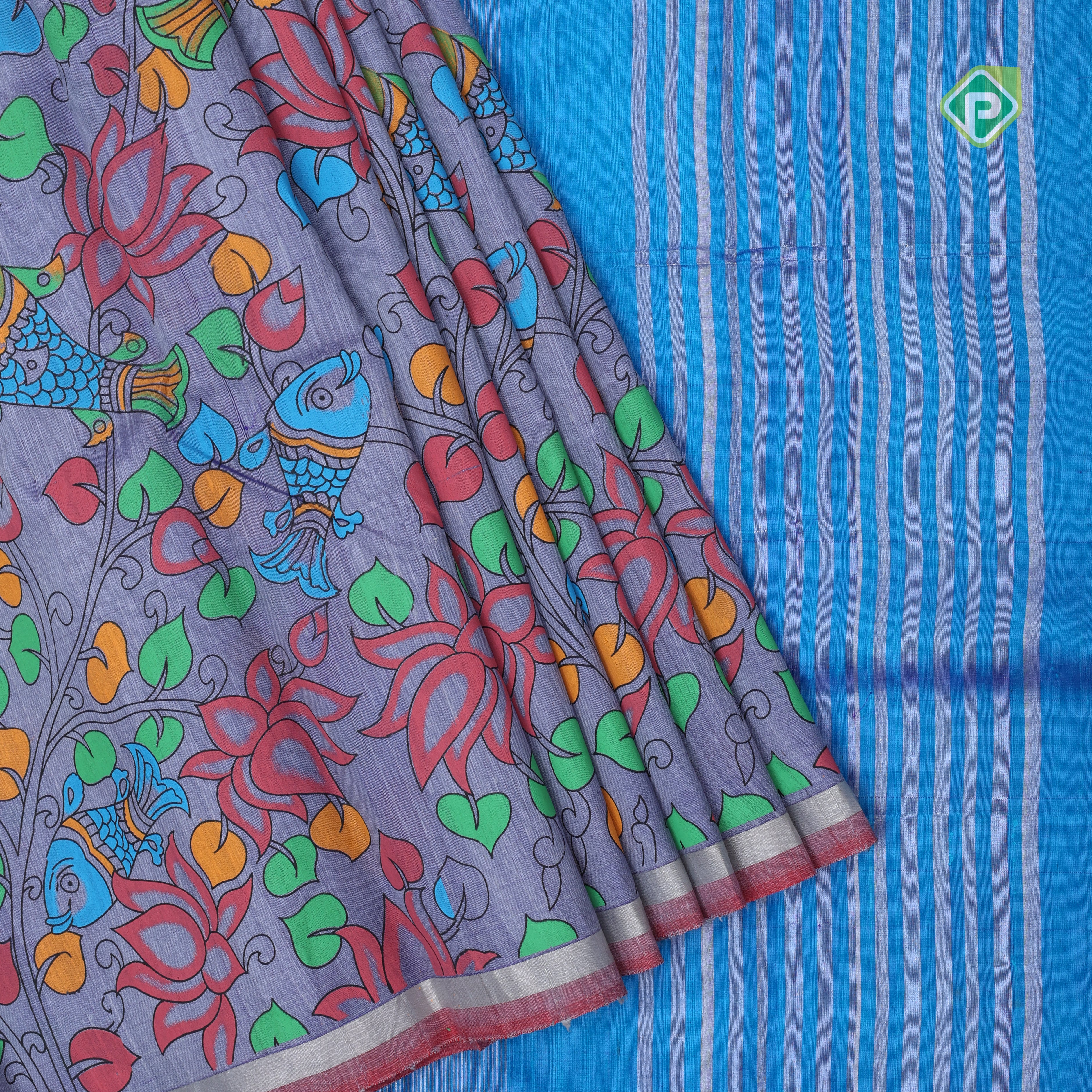 Dark Lavender base multi color digital printed design double color border dhupion saree