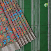Dual tone base multi color digital printed design green silver zari border dhupion saree