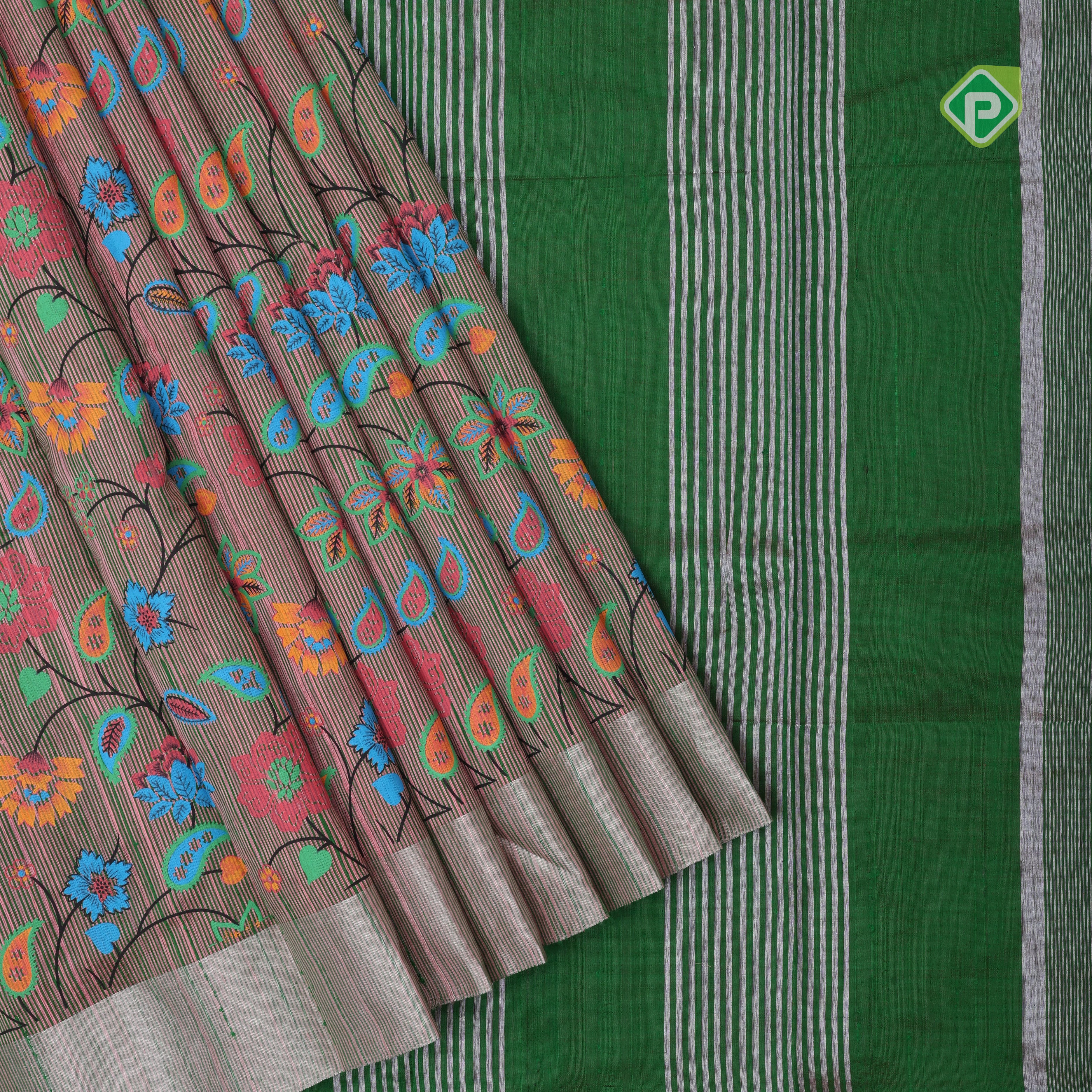 Dual tone base multi color digital printed design green silver zari border dhupion saree