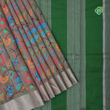 Dual tone base multi color digital printed design green silver zari border dhupion saree