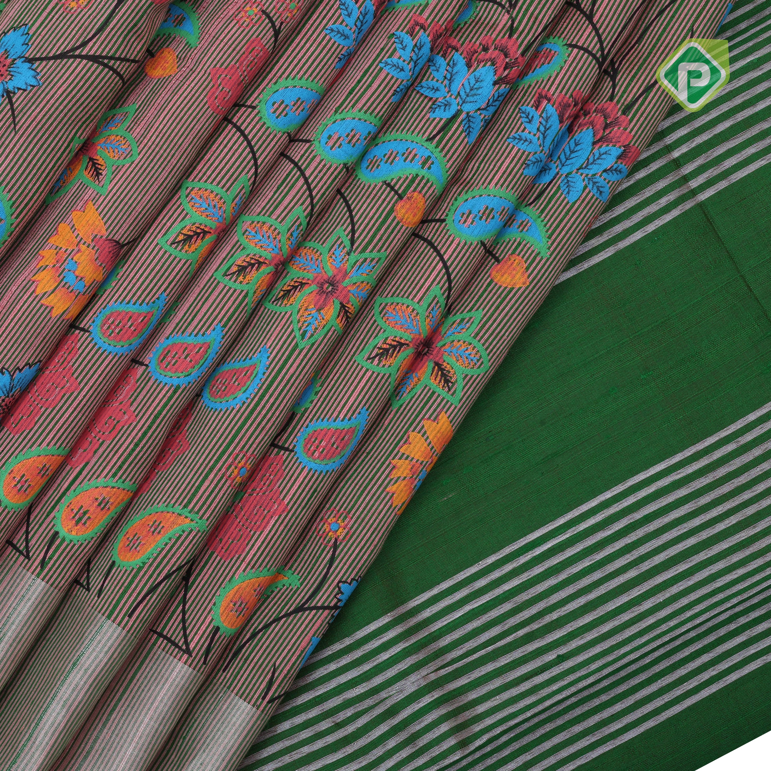 Dual tone base multi color digital printed design green silver zari border dhupion saree
