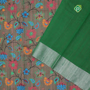 Dual tone base multi color digital printed design green silver zari border dhupion saree