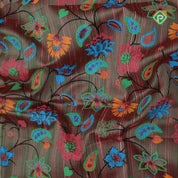 Dual tone base multi color digital printed design green silver zari border dhupion saree