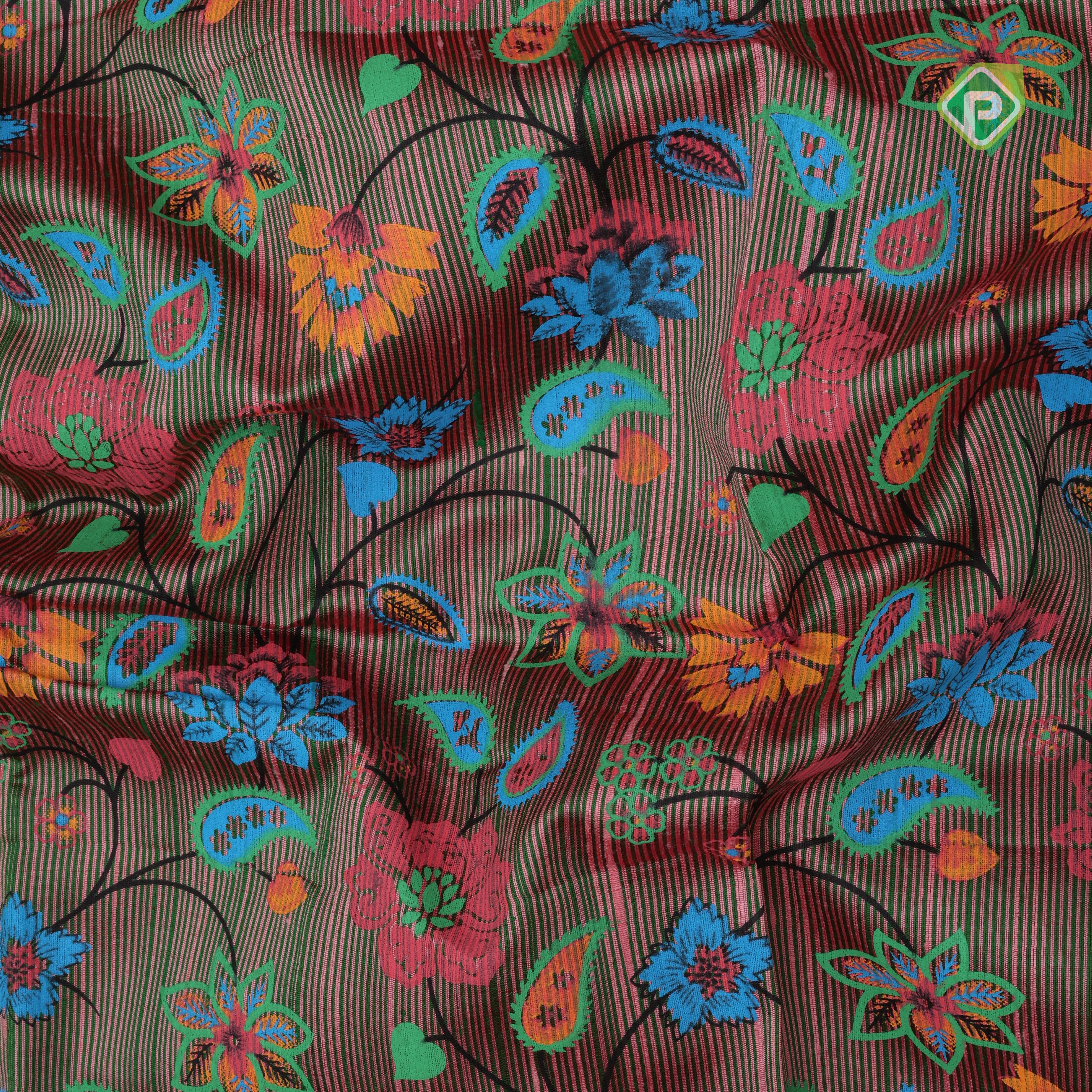 Dual tone base multi color digital printed design green silver zari border dhupion saree
